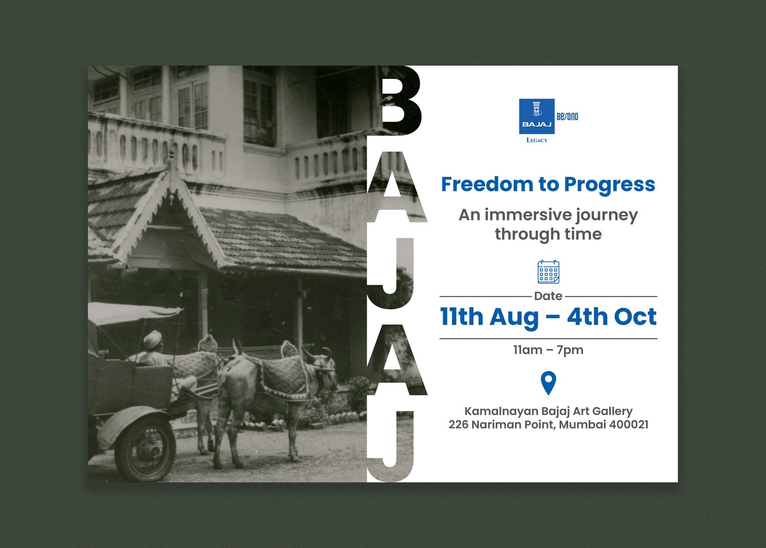 Freedom to Progress exhibition invitation with an archive photograph and BAJAJ set vertically