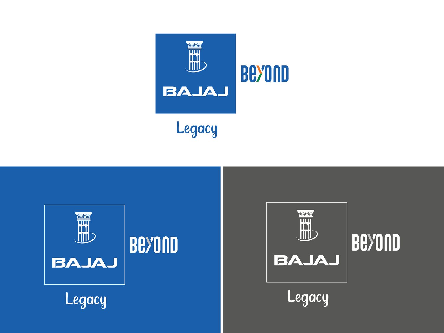 BAJAJ BEYOND Legacy lockup shown in positive, reversed on blue and mono on grey