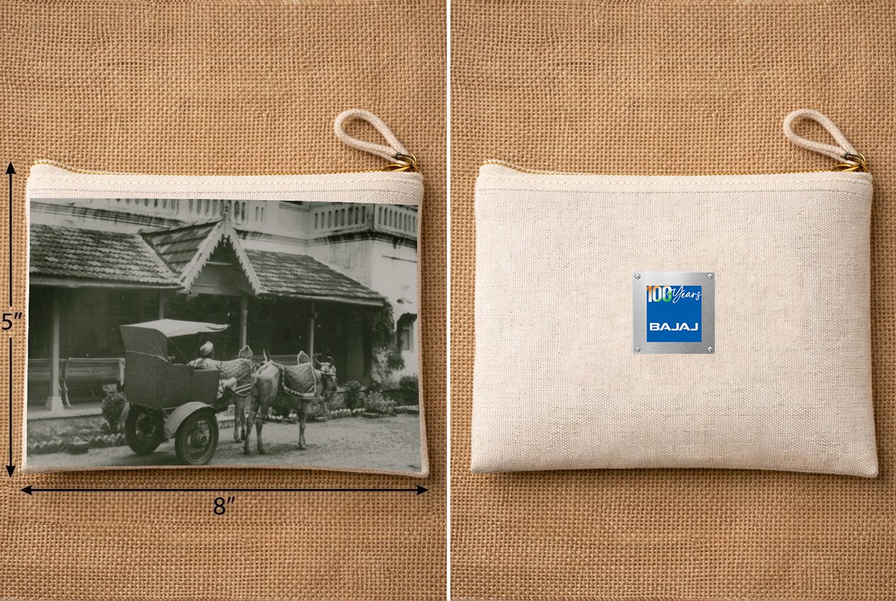 Archive pouch with a sepia photograph on one face and the Bajaj mark on the other