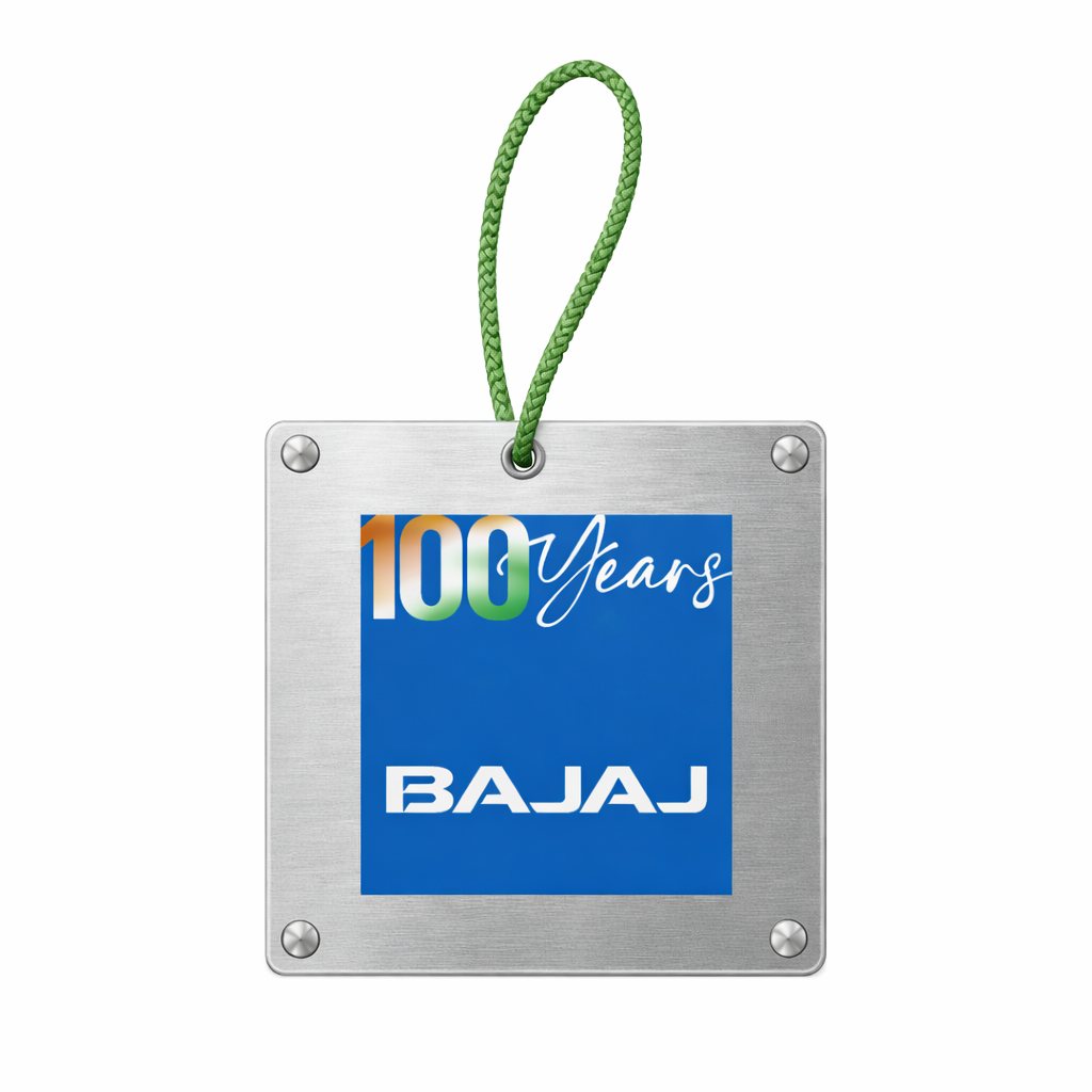 Brushed steel 100 Years Bajaj tag on a green braid