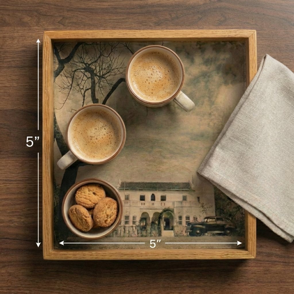 Wooden serving tray with an archive streetscape under glass