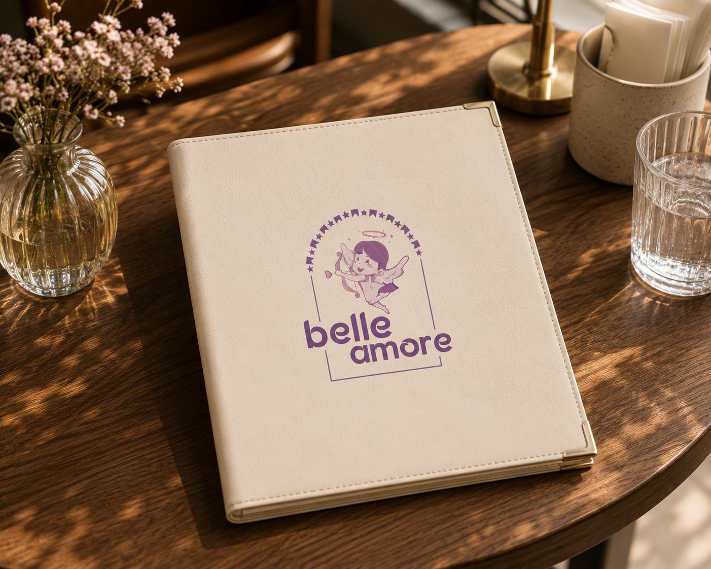 Belle Amore leather menu folder with the logo embossed