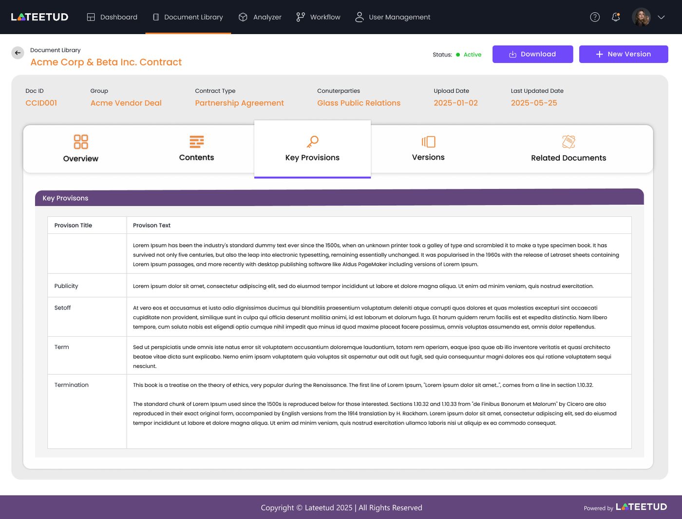 AI key provision extraction screen