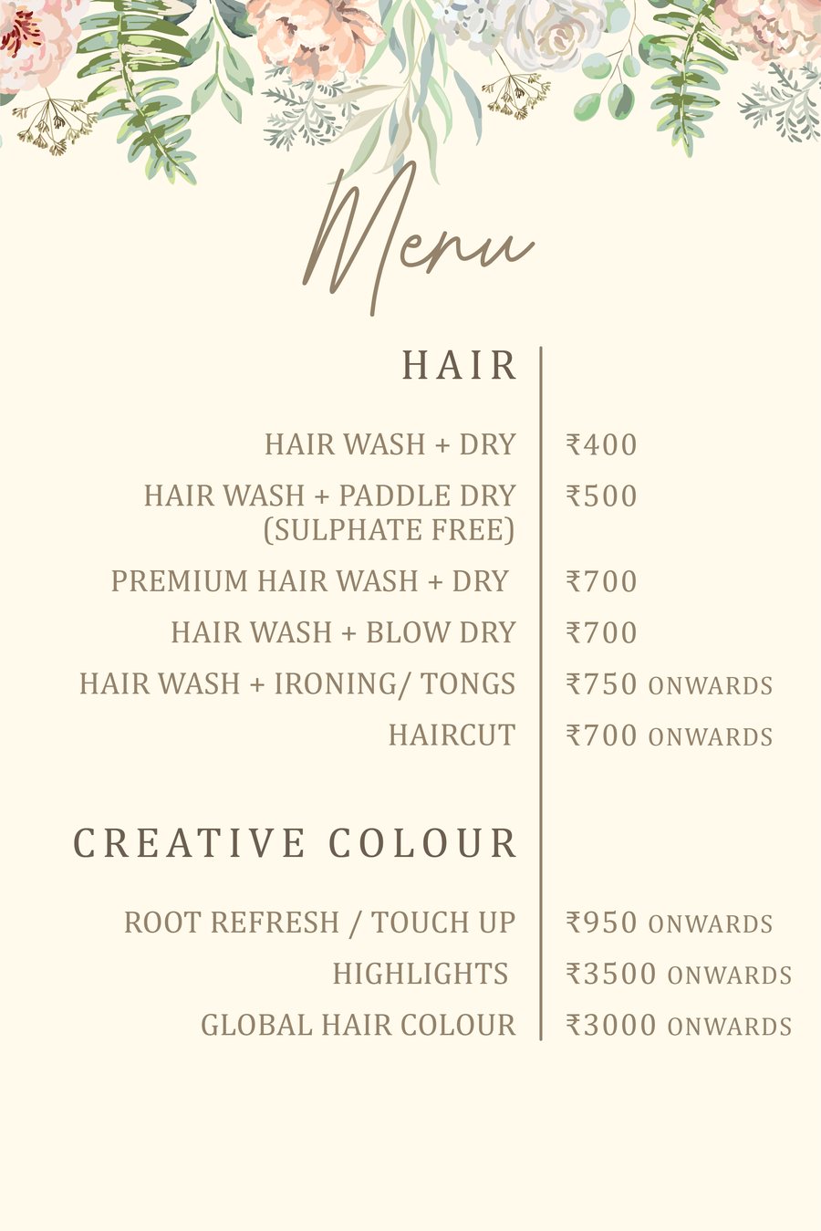 Salon menu hair services page