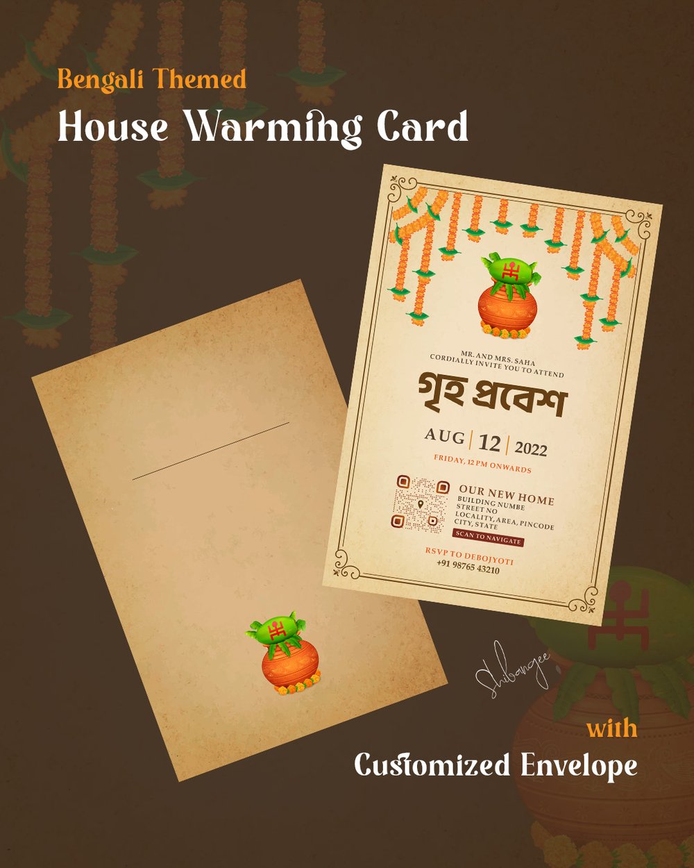 Bengali housewarming invitation with envelope