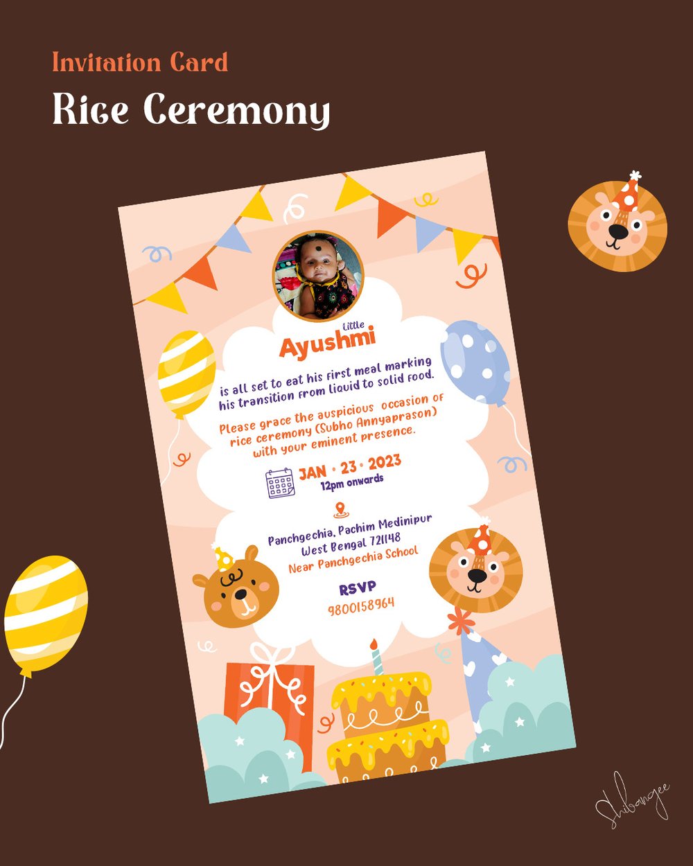 Ayushmi rice ceremony invitation card