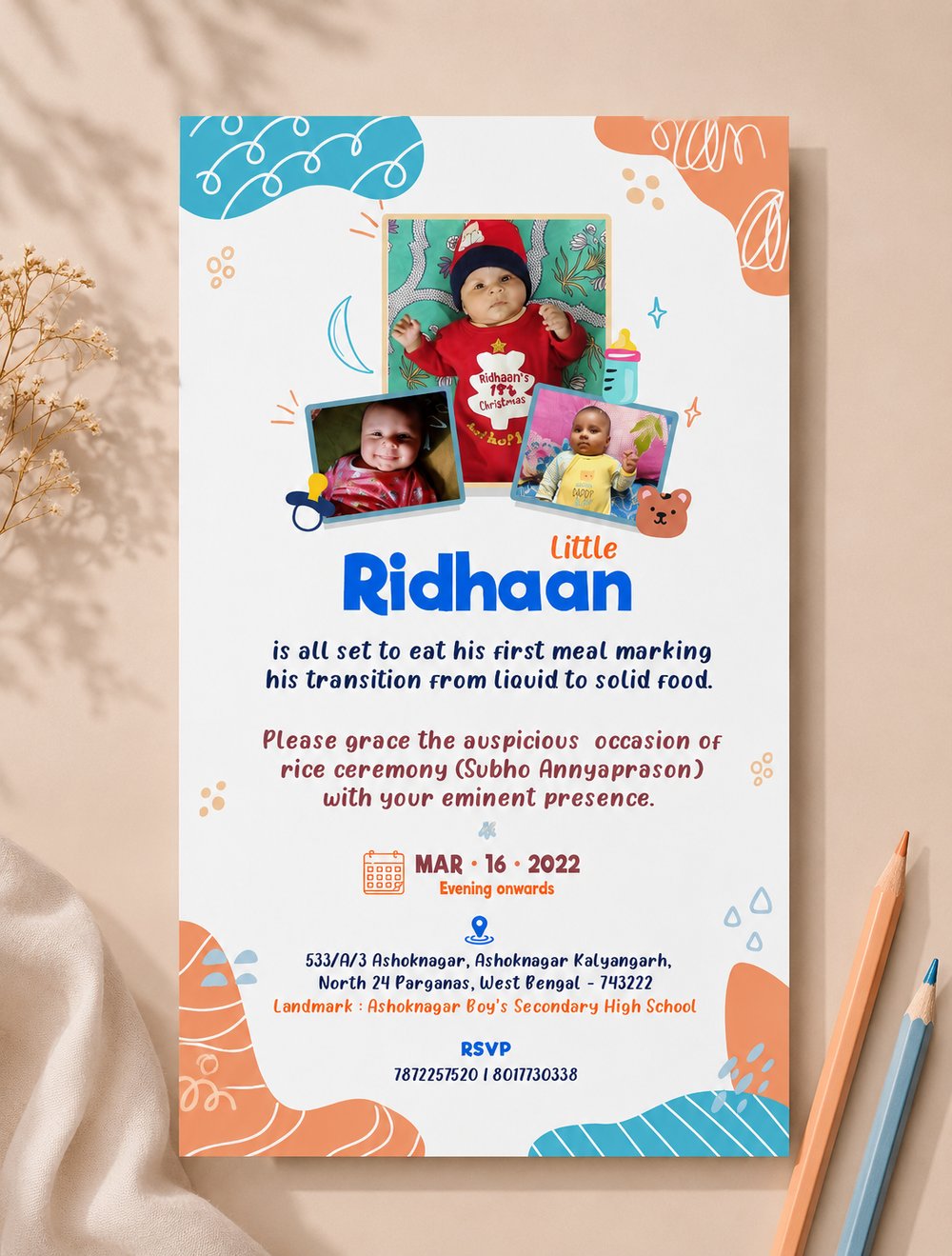Ridhaan rice ceremony invitation with photos