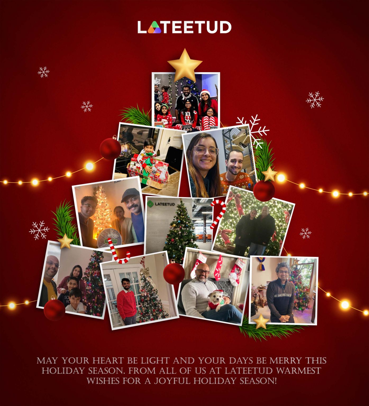 Lateetud holiday season greeting card with team family photos arranged as a Christmas tree