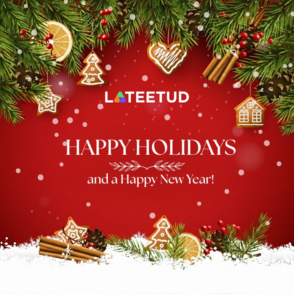 Lateetud happy holidays and new year greeting with gingerbread ornaments