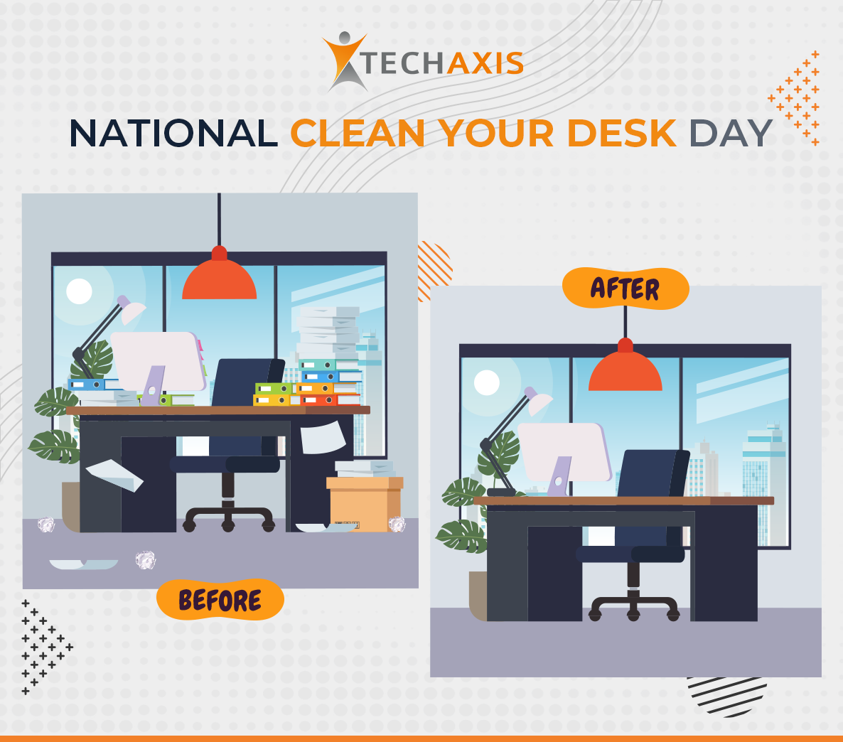 Techaxis National Clean Your Desk Day post with before and after desk illustration