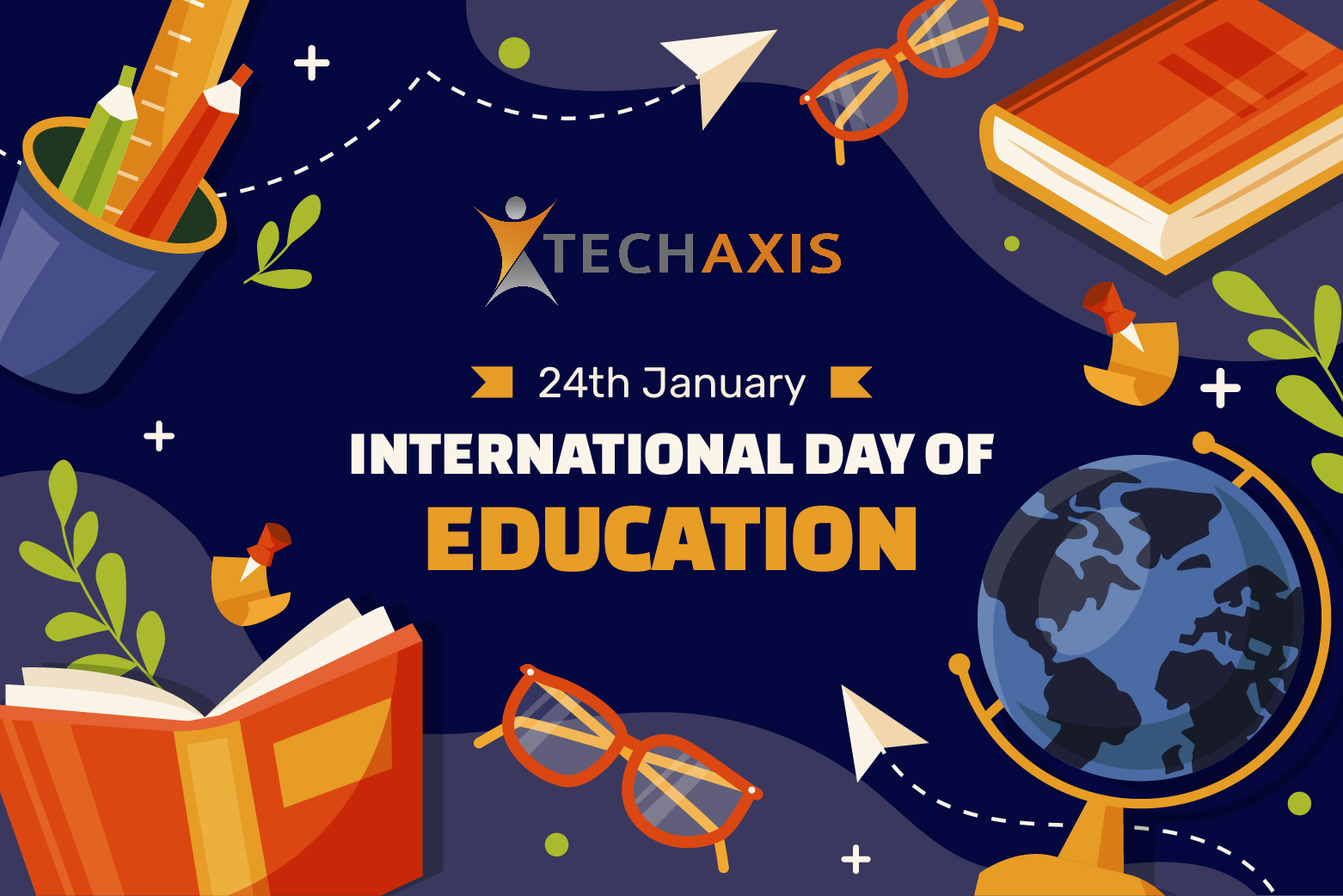 Techaxis International Day of Education greeting with globe and books