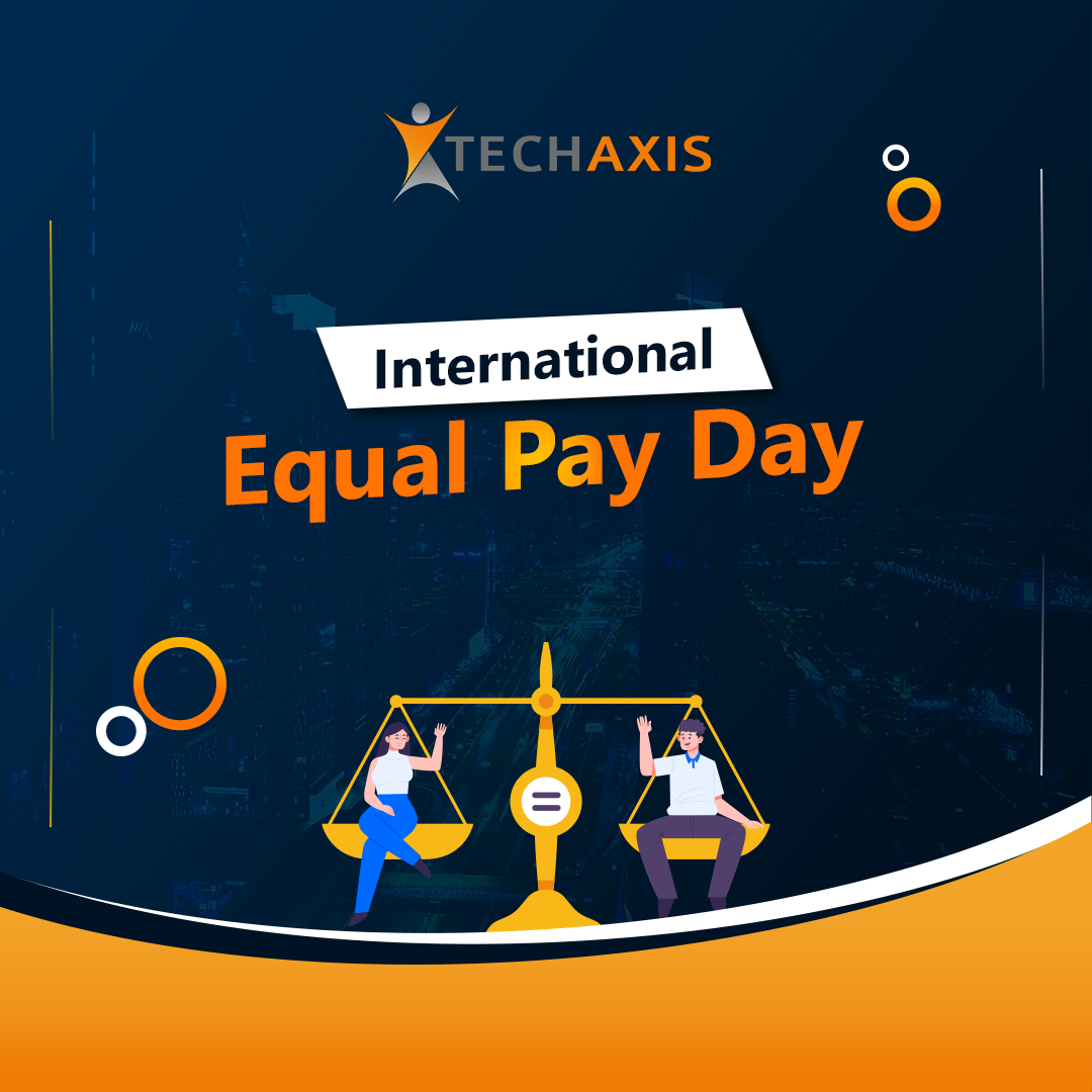 Techaxis International Equal Pay Day post with balanced scales illustration