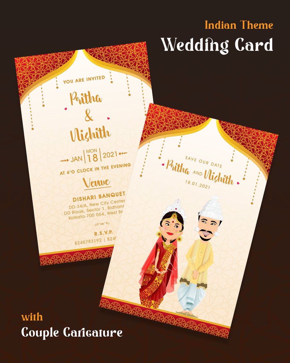 Indian theme wedding card with couple caricature