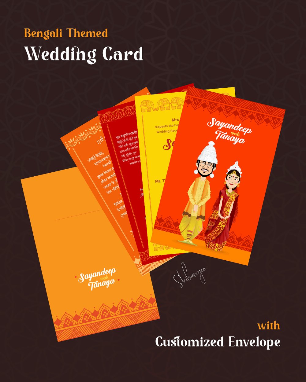 Bengali themed wedding card set with customized envelope