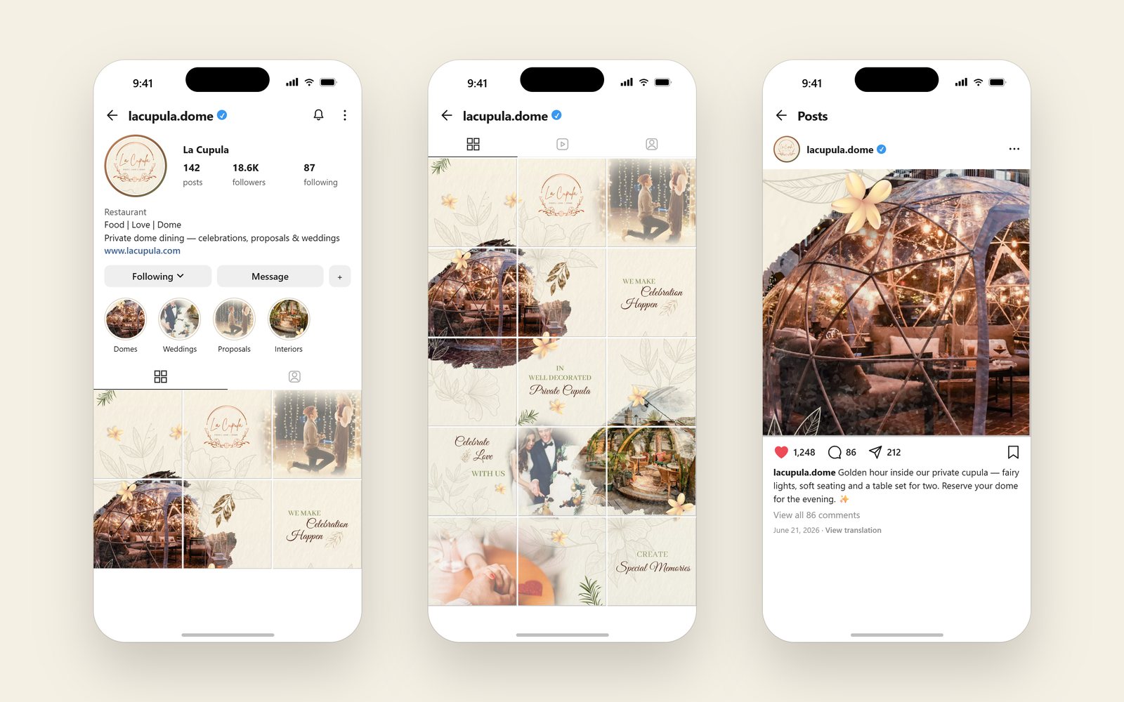 La Cupula Instagram profile showing the nine-tile grid