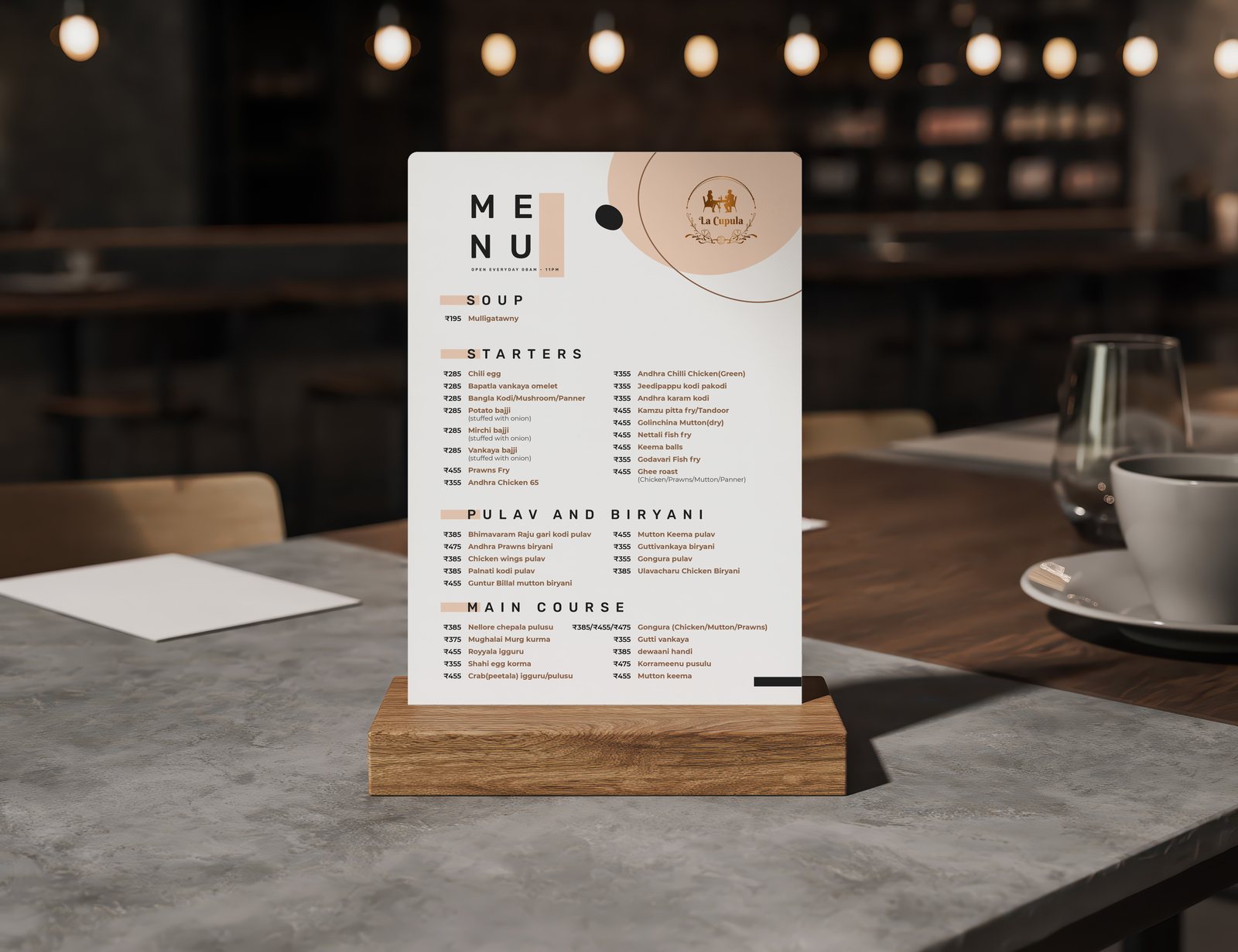 Table-top menu card in a wooden stand
