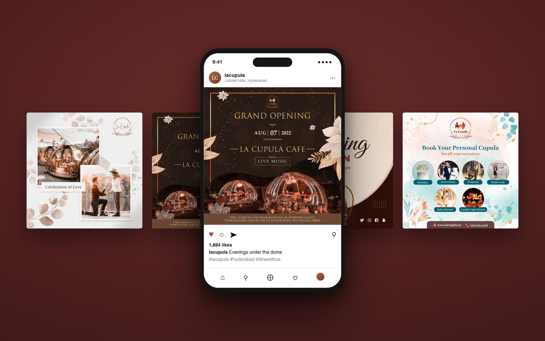La Cupula opening campaign posts shown in the Instagram feed