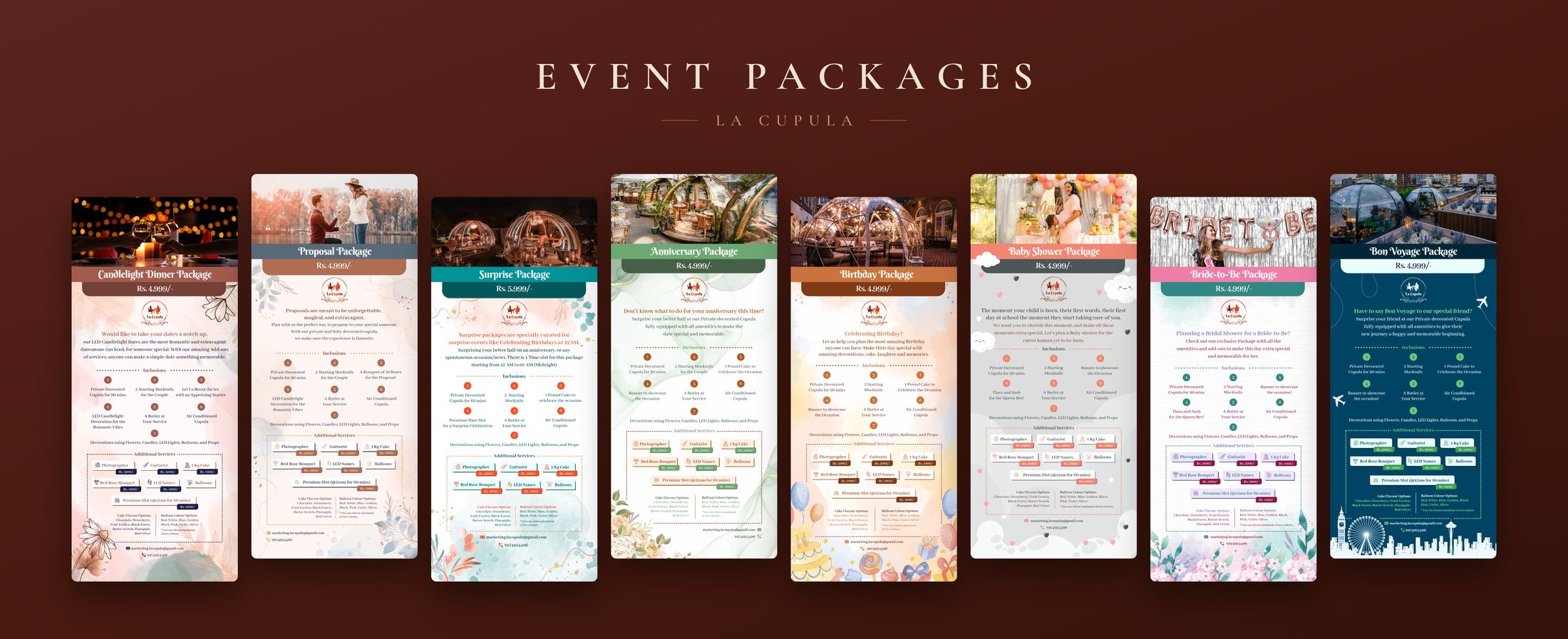 Eight La Cupula event package cards side by side