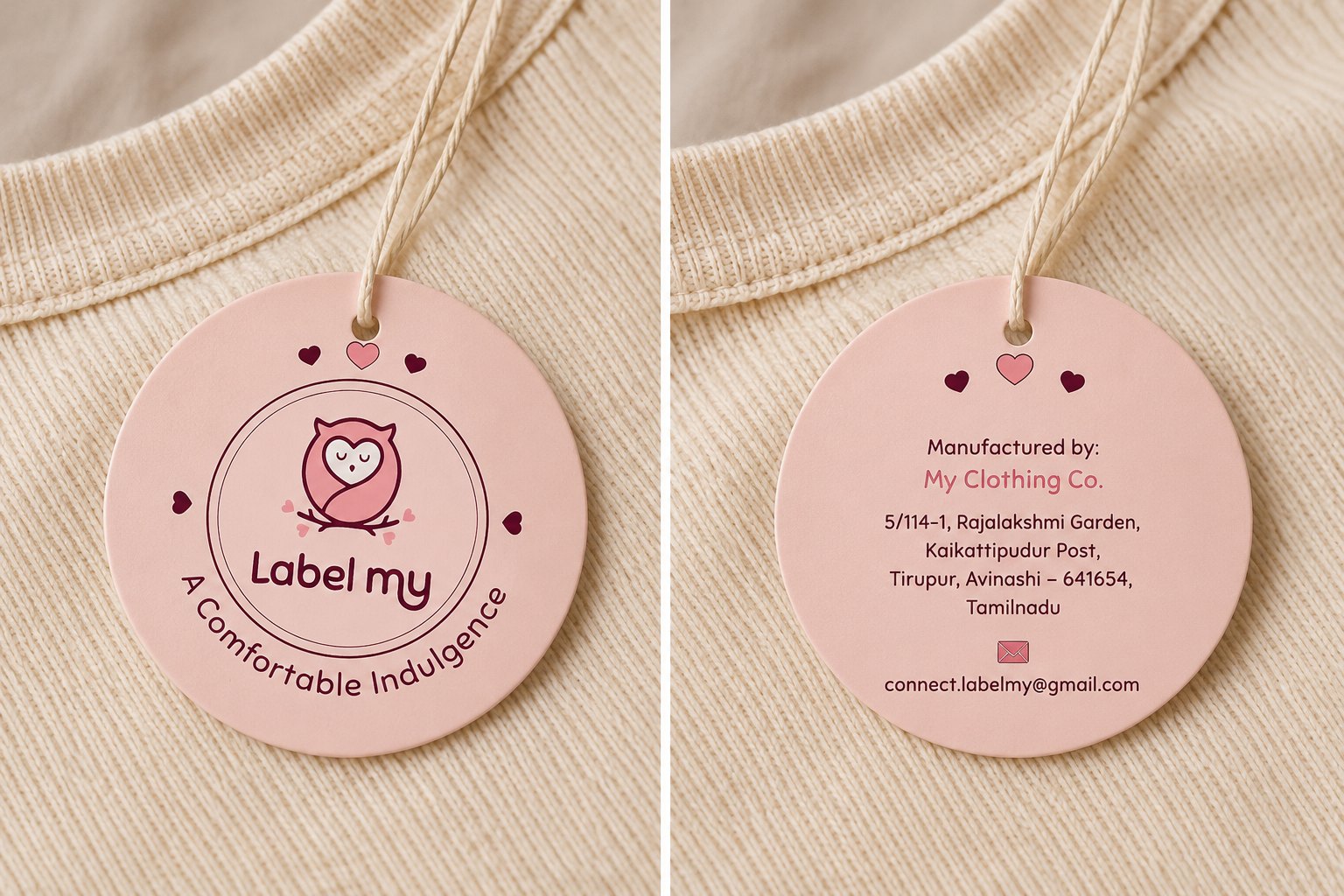 Label my round two-sided swing tags, front and back